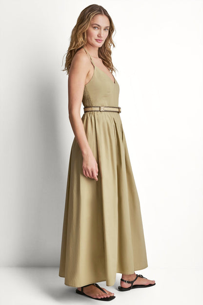 STRAPPY V-NECK MAXI DRESS WITH RAFFIA BELT Travertine | DKNY