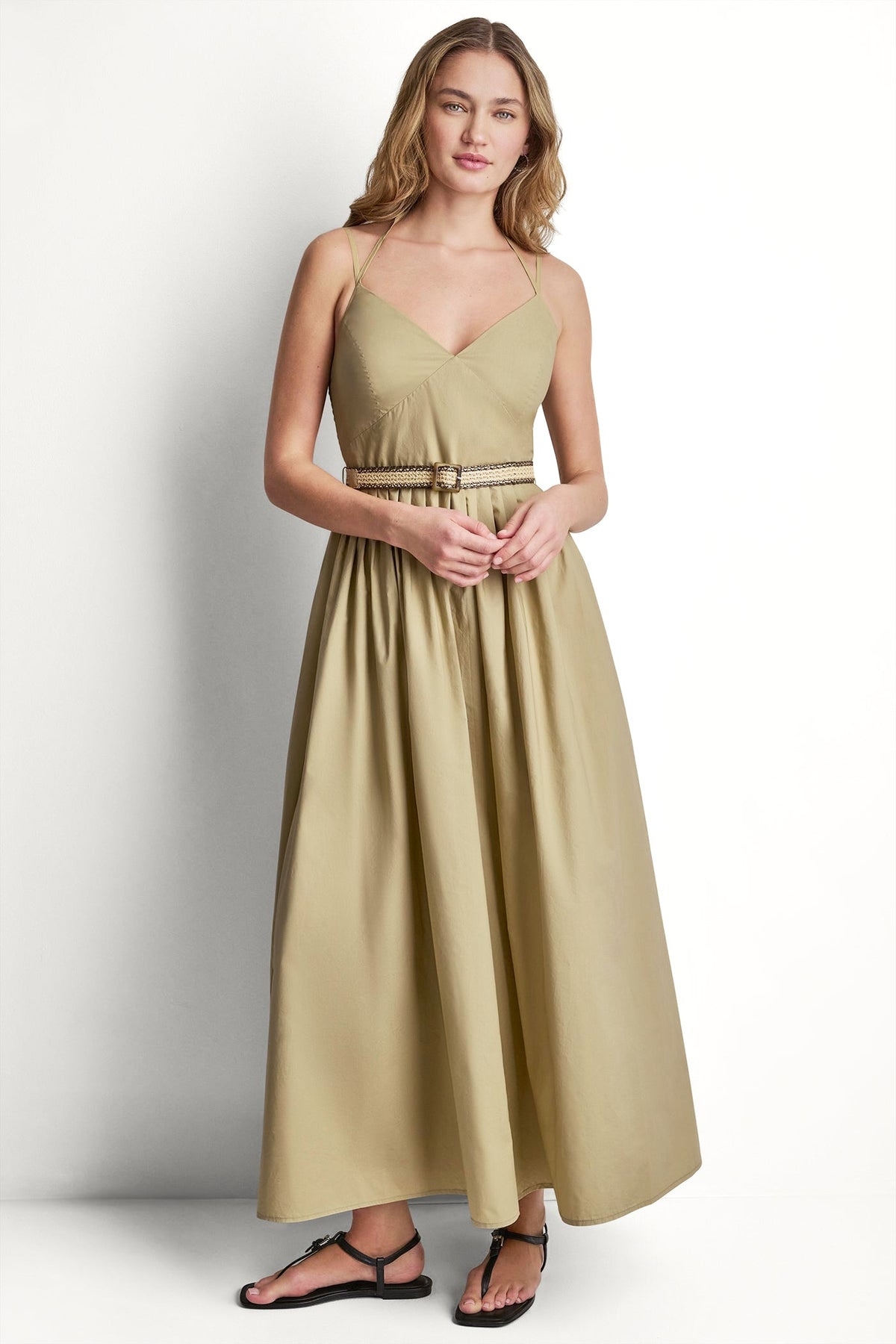 STRAPPY V-NECK MAXI DRESS WITH RAFFIA BELT Travertine | DKNY