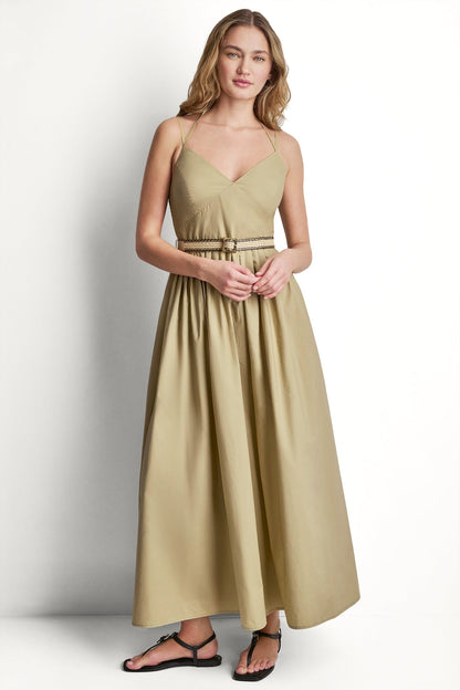 STRAPPY V-NECK MAXI DRESS WITH RAFFIA BELT Travertine | DKNY