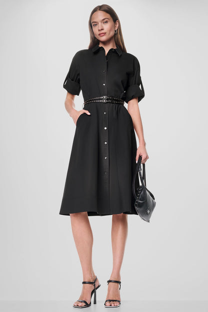 ROLL TAB BELTED POPLIN DRESS Black | DKNY