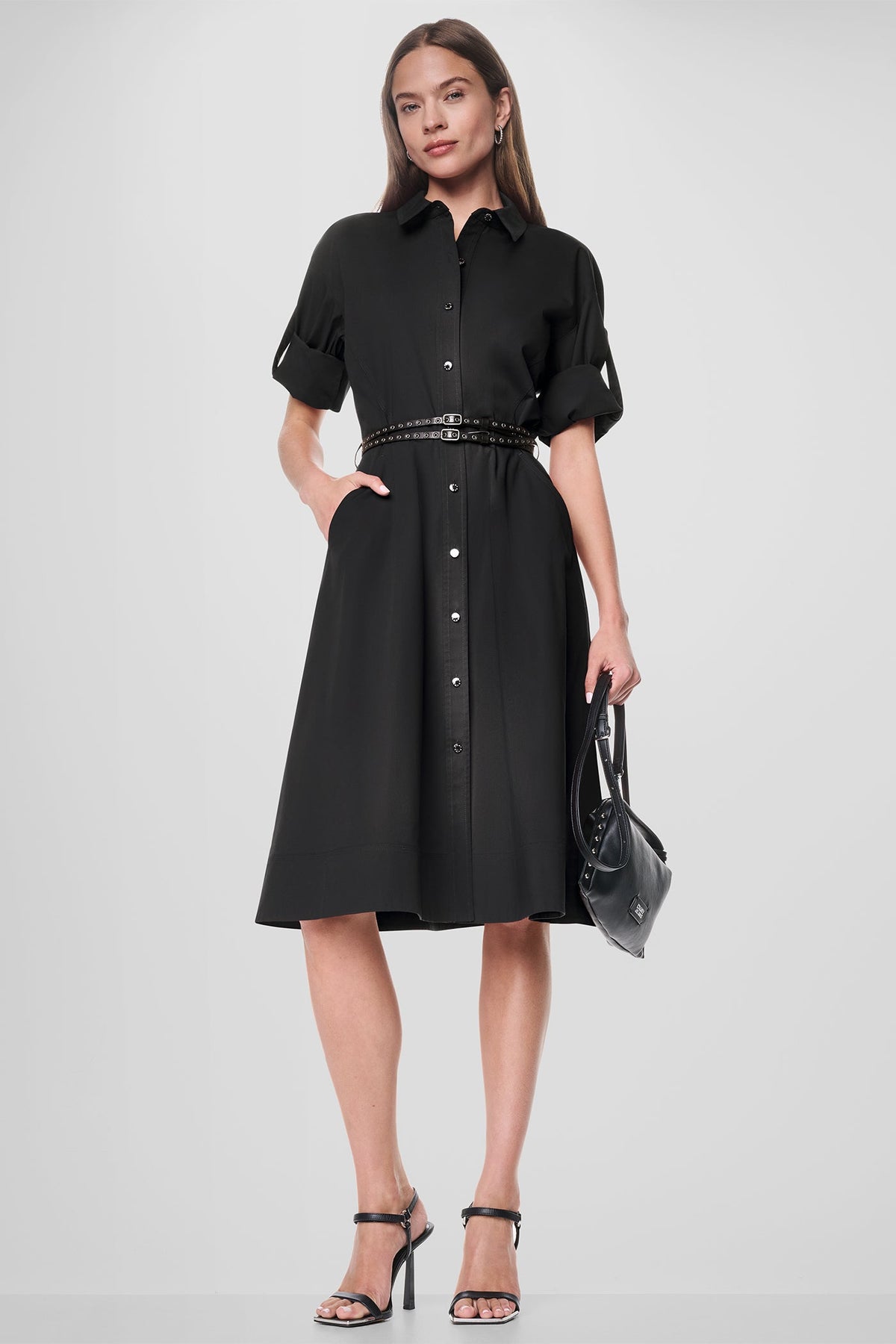 ROLL TAB BELTED POPLIN DRESS Black | DKNY