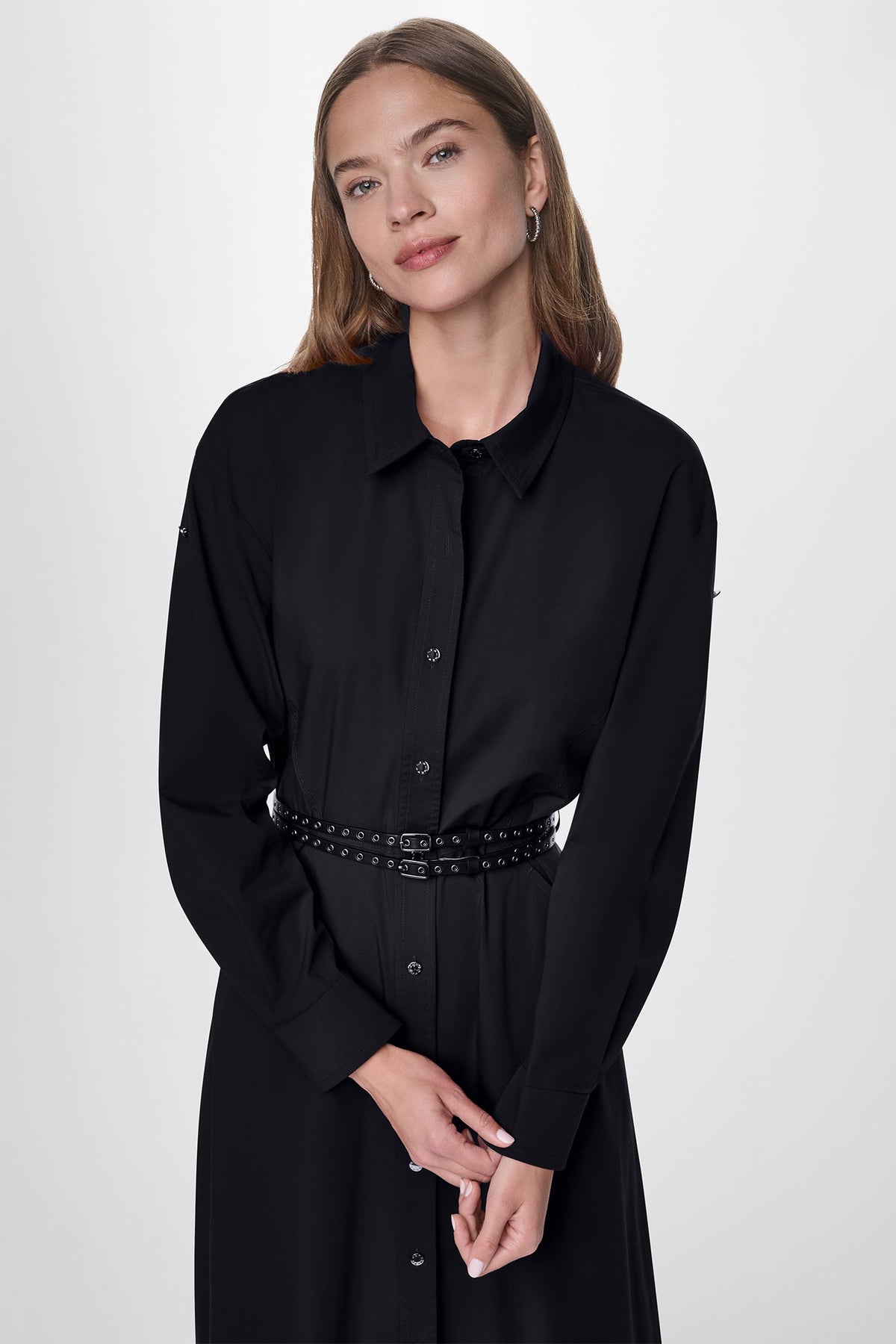 ROLL TAB BELTED POPLIN DRESS Black | DKNY