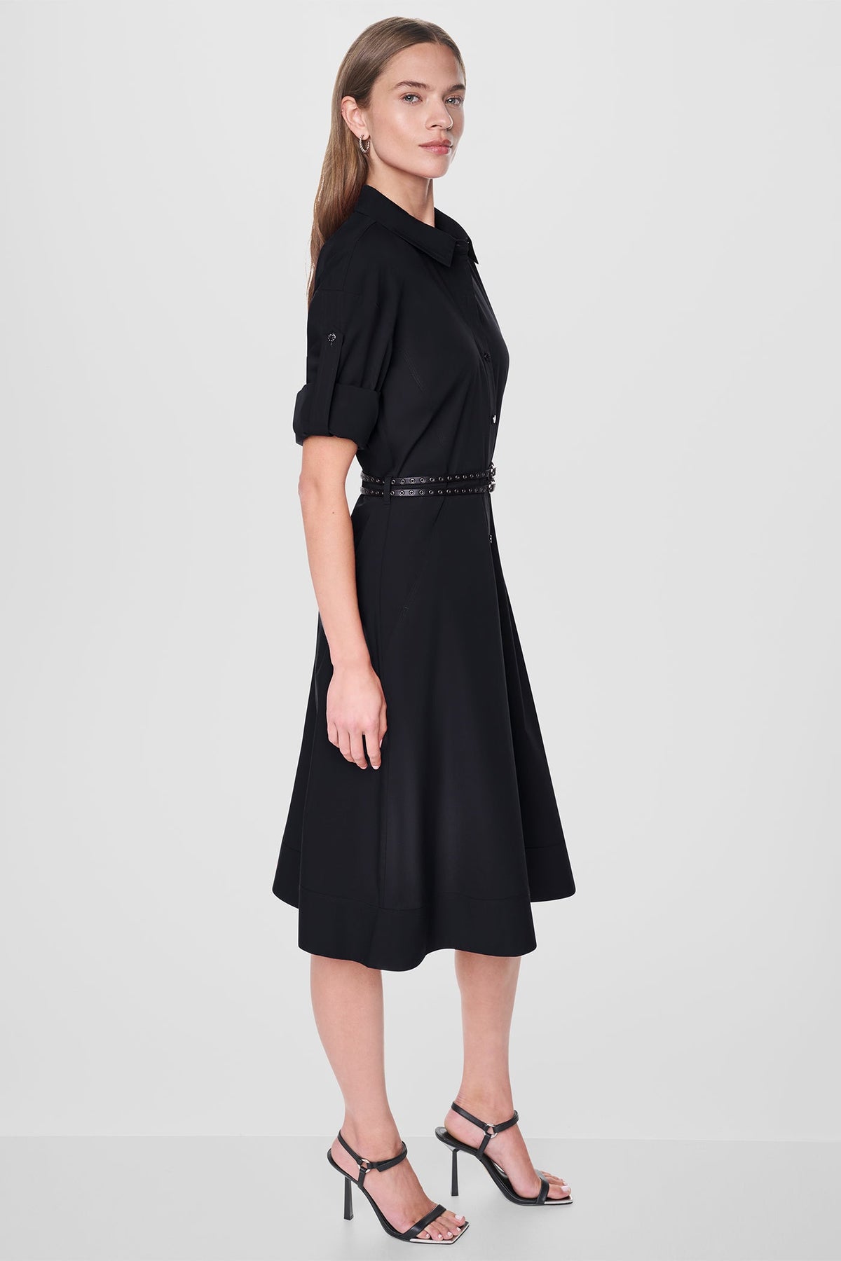 ROLL TAB BELTED POPLIN DRESS Black | DKNY