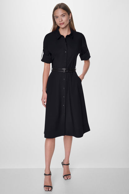 ROLL TAB BELTED POPLIN DRESS Black | DKNY