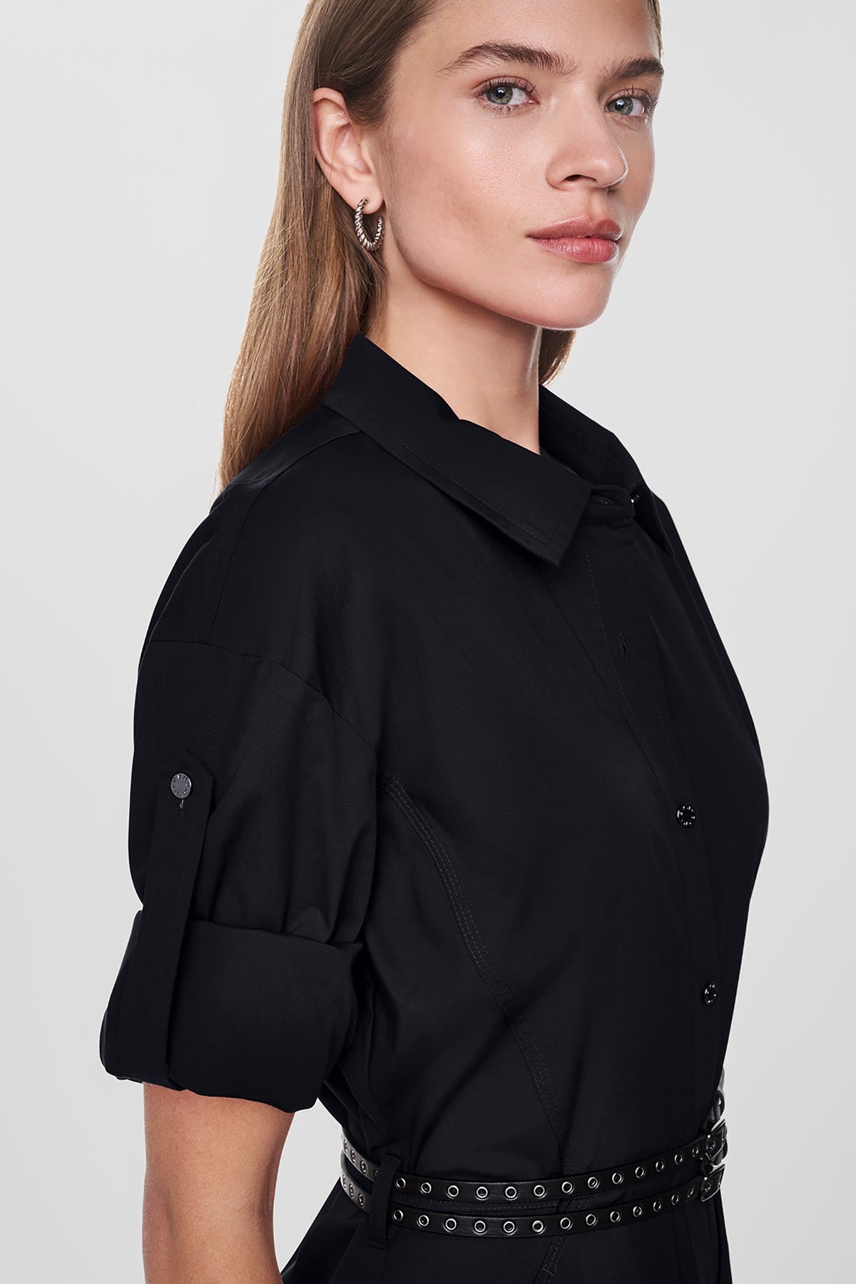 ROLL TAB BELTED POPLIN DRESS Black | DKNY