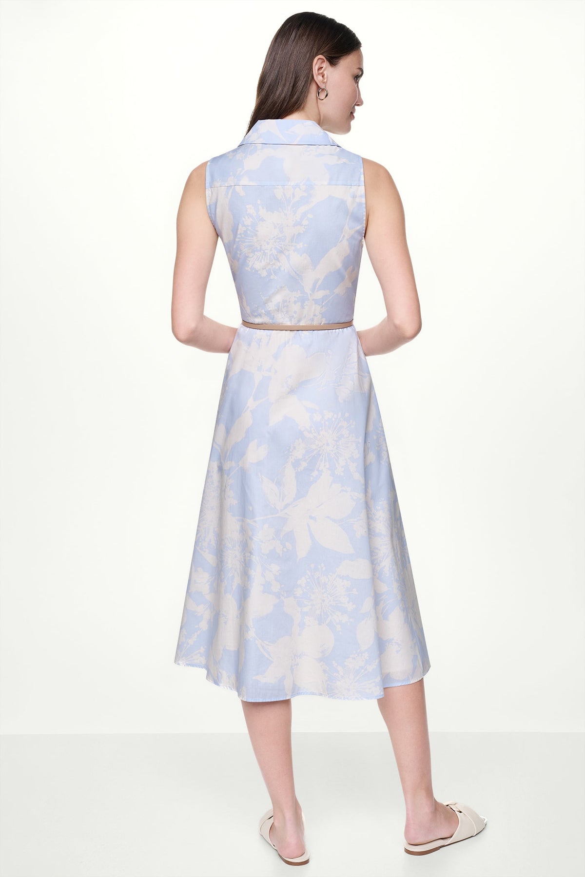 COTTON SLEEVELESS WRAP-EFFECT MIDI SHIRT DRESS Pastel Yellow/Frost Blue | DKNY