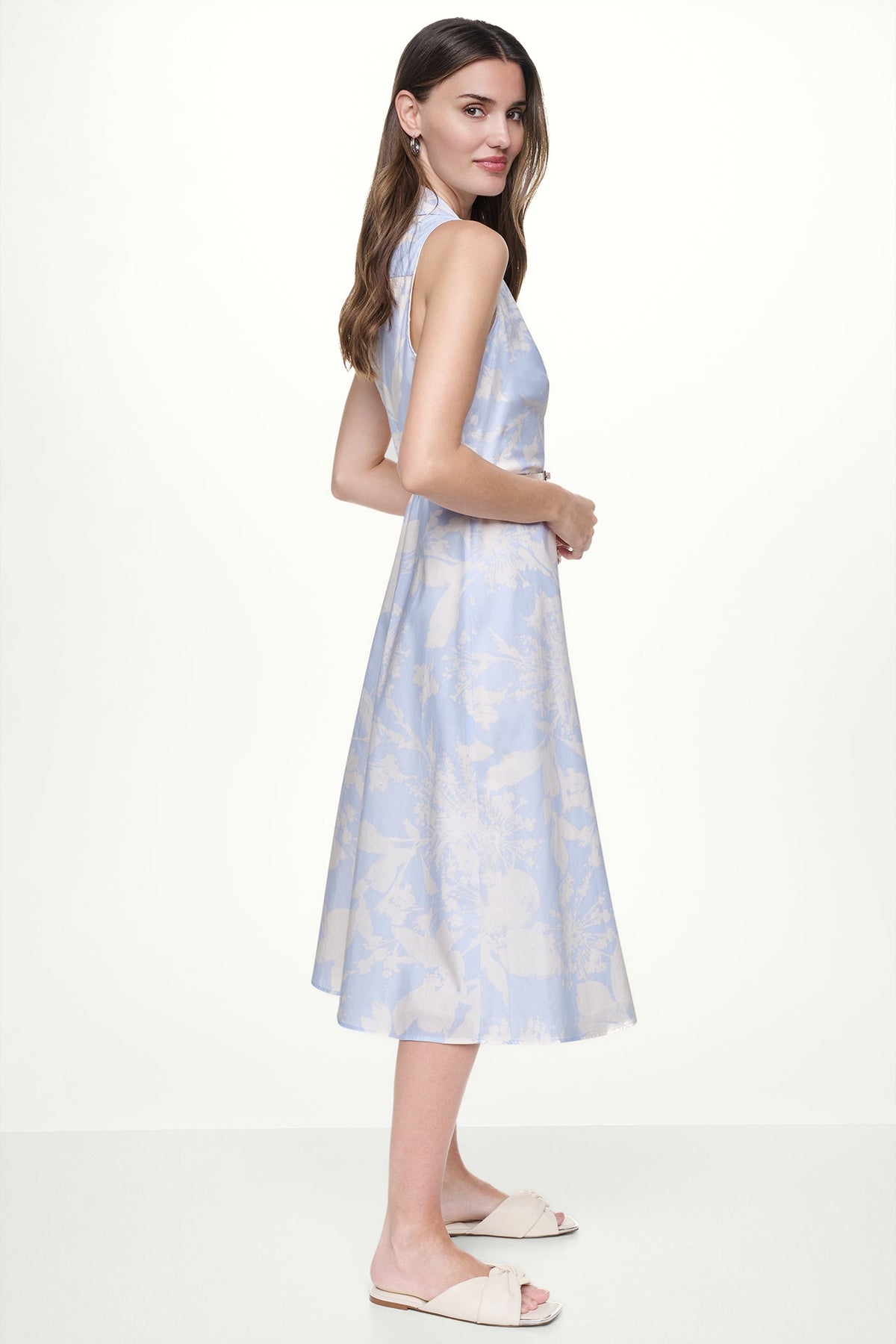 COTTON SLEEVELESS WRAP-EFFECT MIDI SHIRT DRESS Pastel Yellow/Frost Blue | DKNY