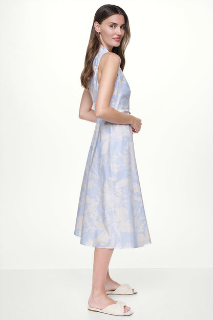 COTTON SLEEVELESS WRAP-EFFECT MIDI SHIRT DRESS Pastel Yellow/Frost Blue | DKNY