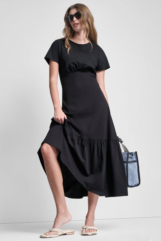 RUCHED BODICE TIERED MAXI DRESS Black | DKNY