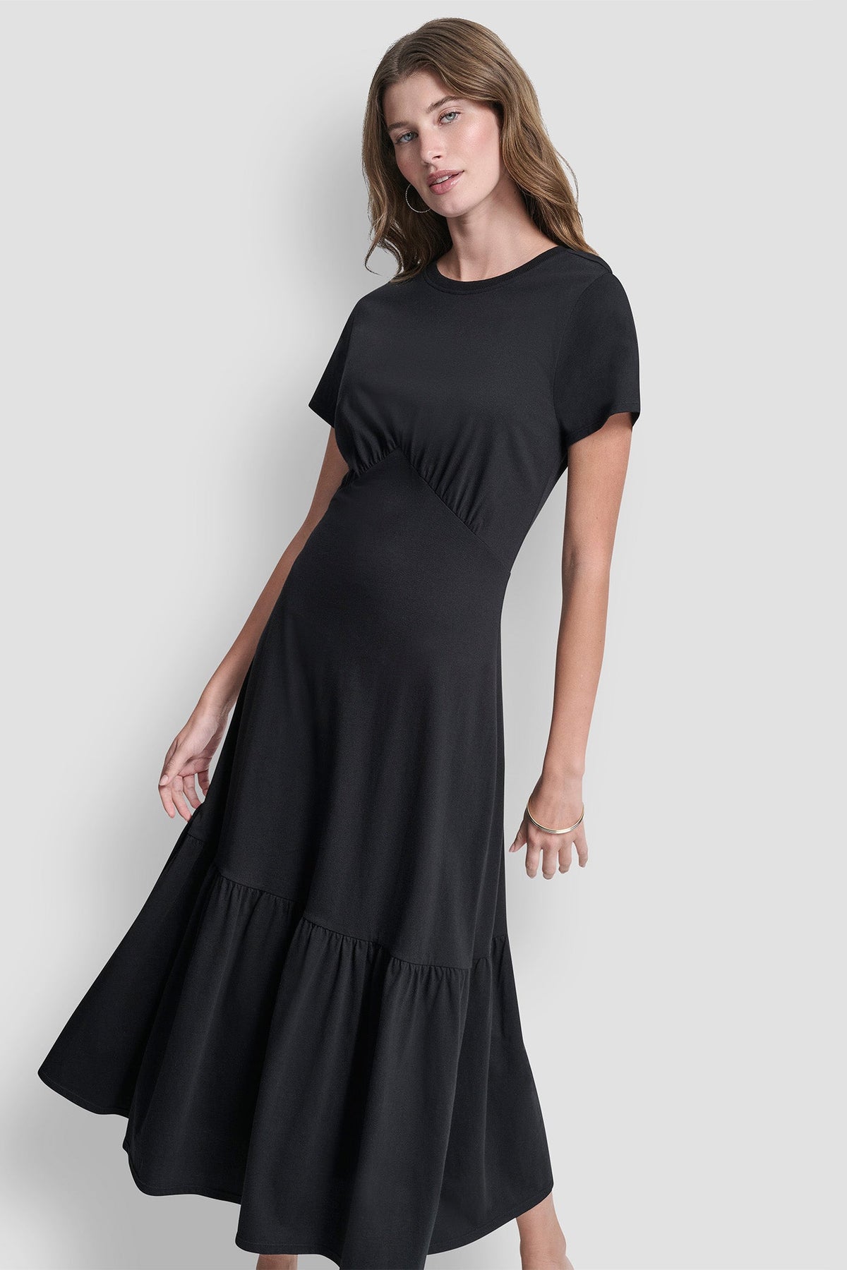 RUCHED BODICE TIERED MAXI DRESS Black | DKNY
