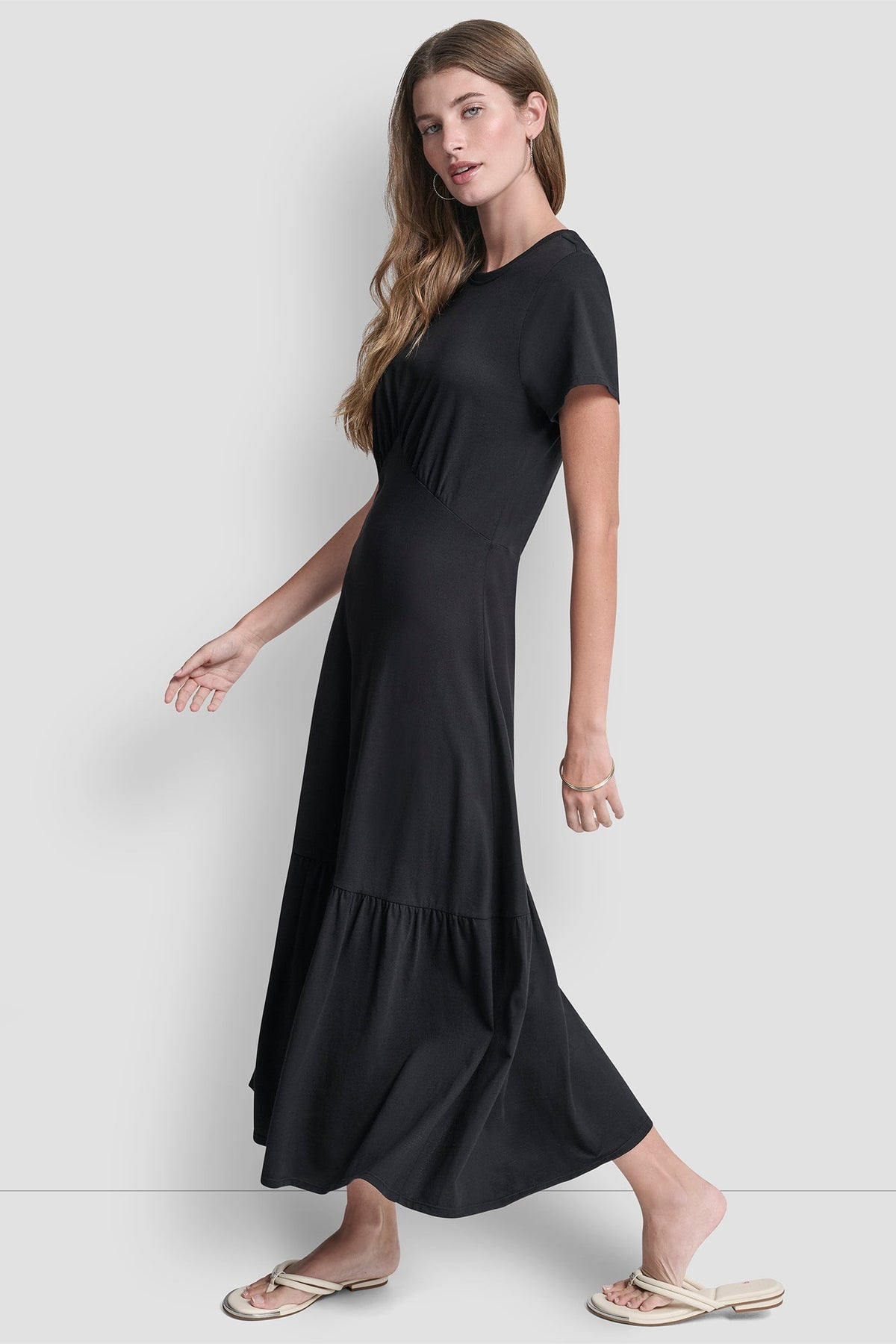 RUCHED BODICE TIERED MAXI DRESS Black | DKNY