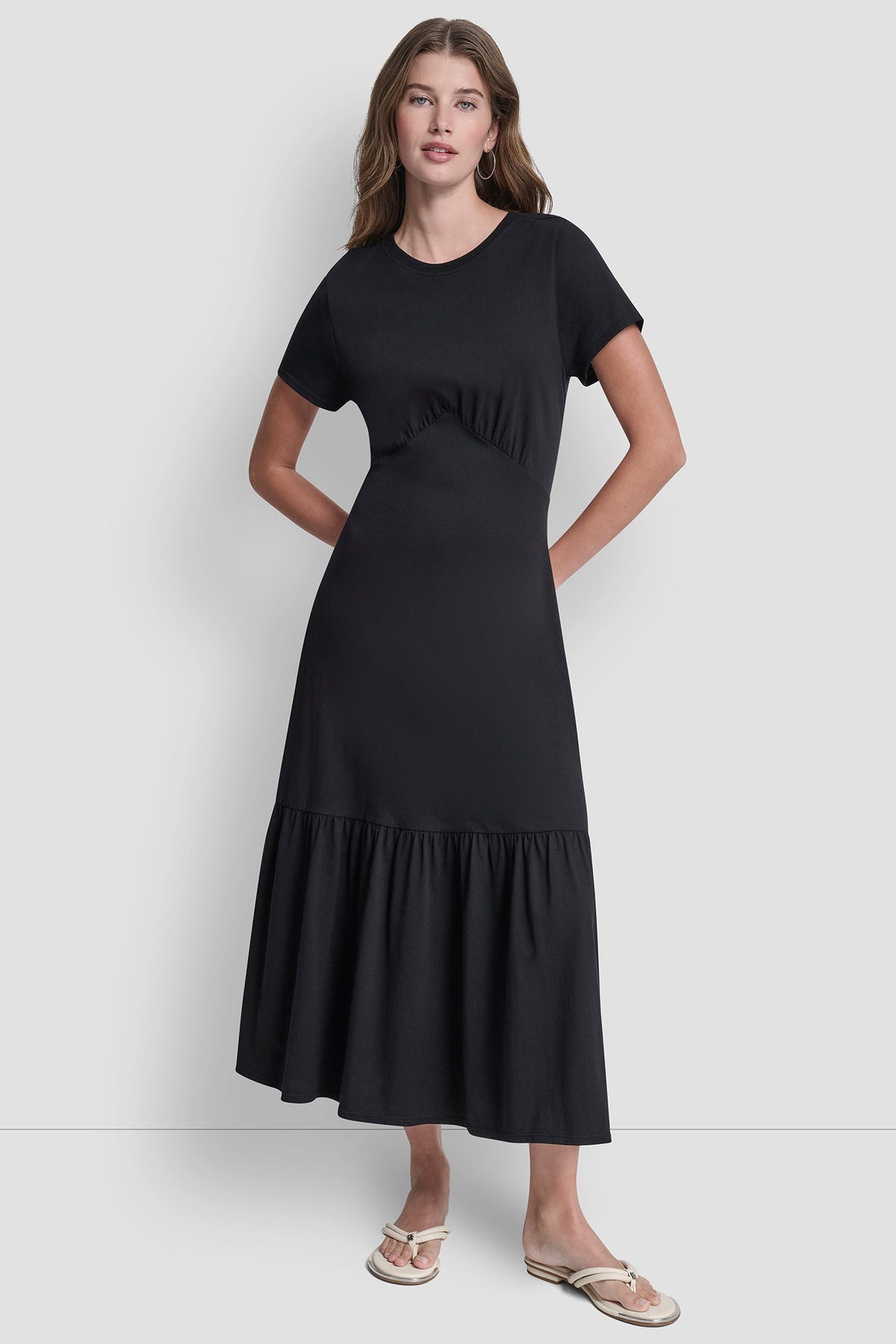 RUCHED BODICE TIERED MAXI DRESS Black | DKNY