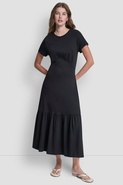 RUCHED BODICE TIERED MAXI DRESS Black | DKNY
