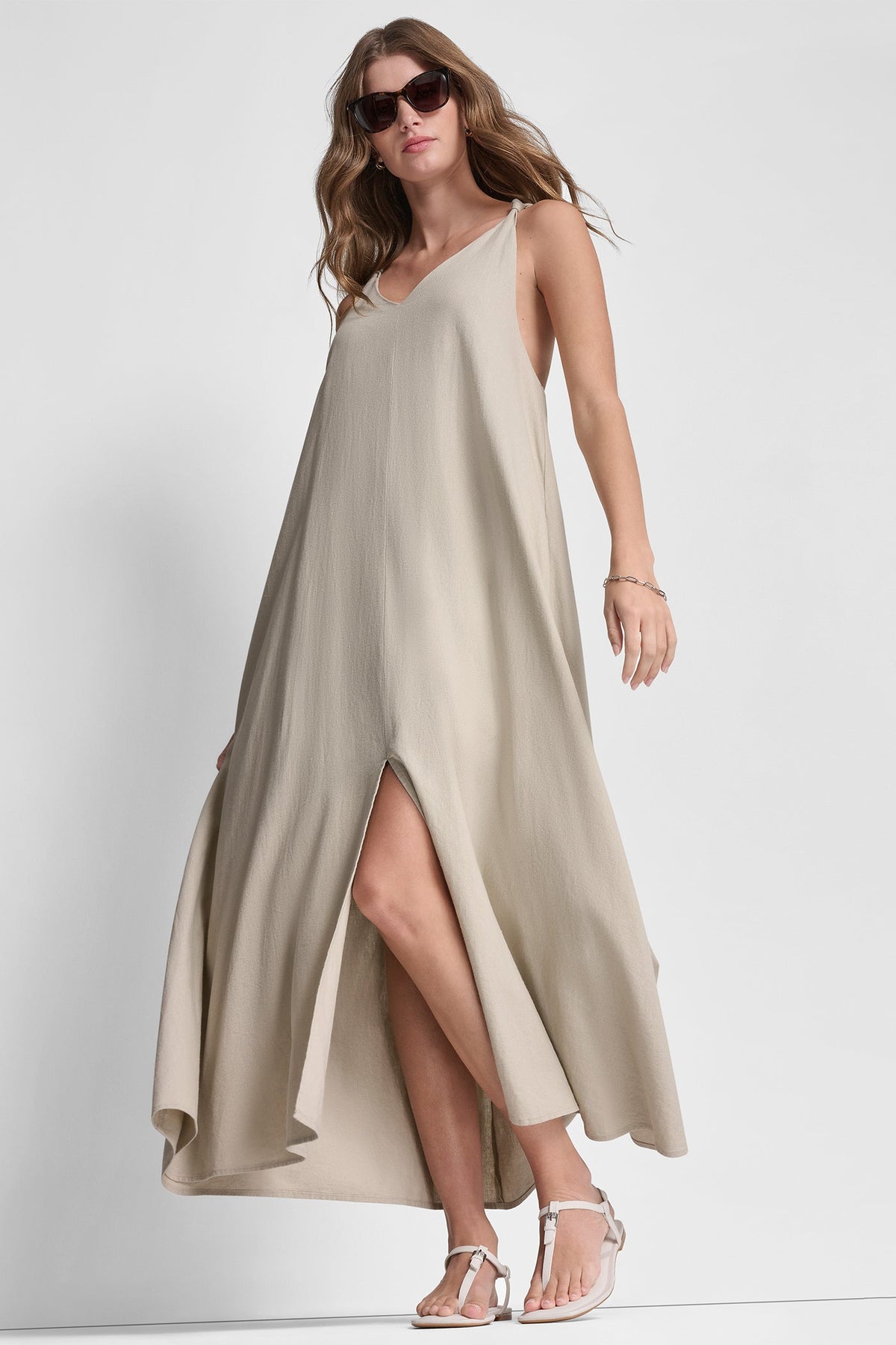 LINEN-BLEND TIE BACK MAXI DRESS Pebble | DKNY