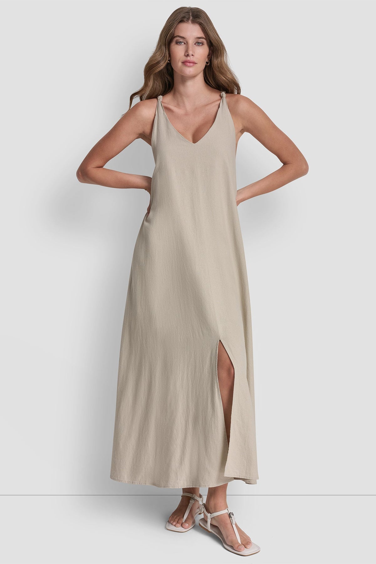 LINEN-BLEND TIE BACK MAXI DRESS Pebble | DKNY