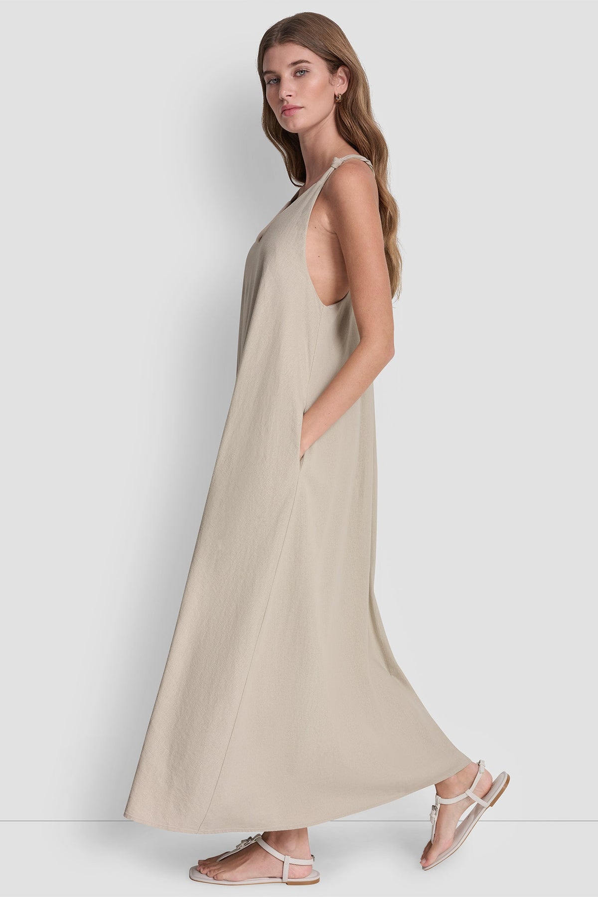 LINEN-BLEND TIE BACK MAXI DRESS Pebble | DKNY