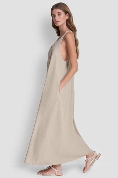 LINEN-BLEND TIE BACK MAXI DRESS Pebble | DKNY