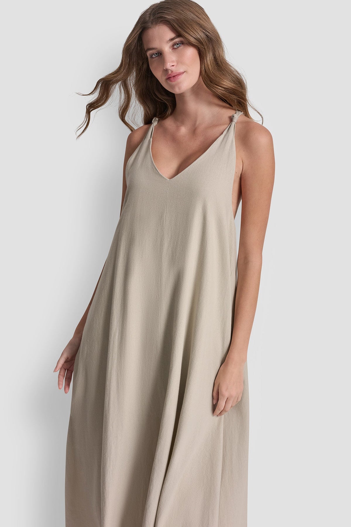 LINEN-BLEND TIE BACK MAXI DRESS Pebble | DKNY