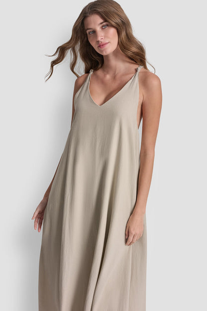 LINEN-BLEND TIE BACK MAXI DRESS Pebble | DKNY