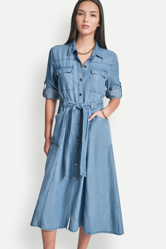 LONG SLEEVE ROLL TAB TENCEL CARGO DRESS Stream | DKNY