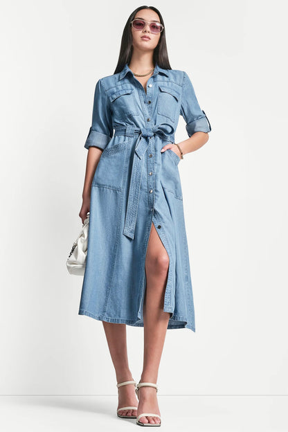 LONG SLEEVE ROLL TAB TENCEL CARGO DRESS Stream | DKNY