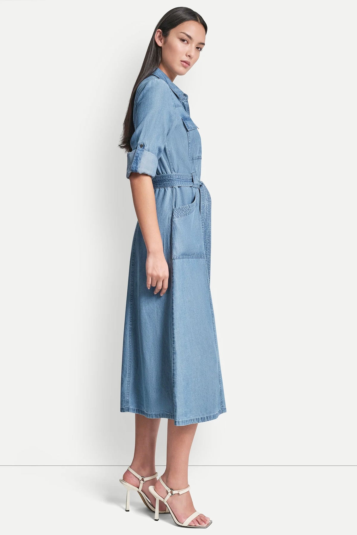 LONG SLEEVE ROLL TAB TENCEL CARGO DRESS Stream | DKNY