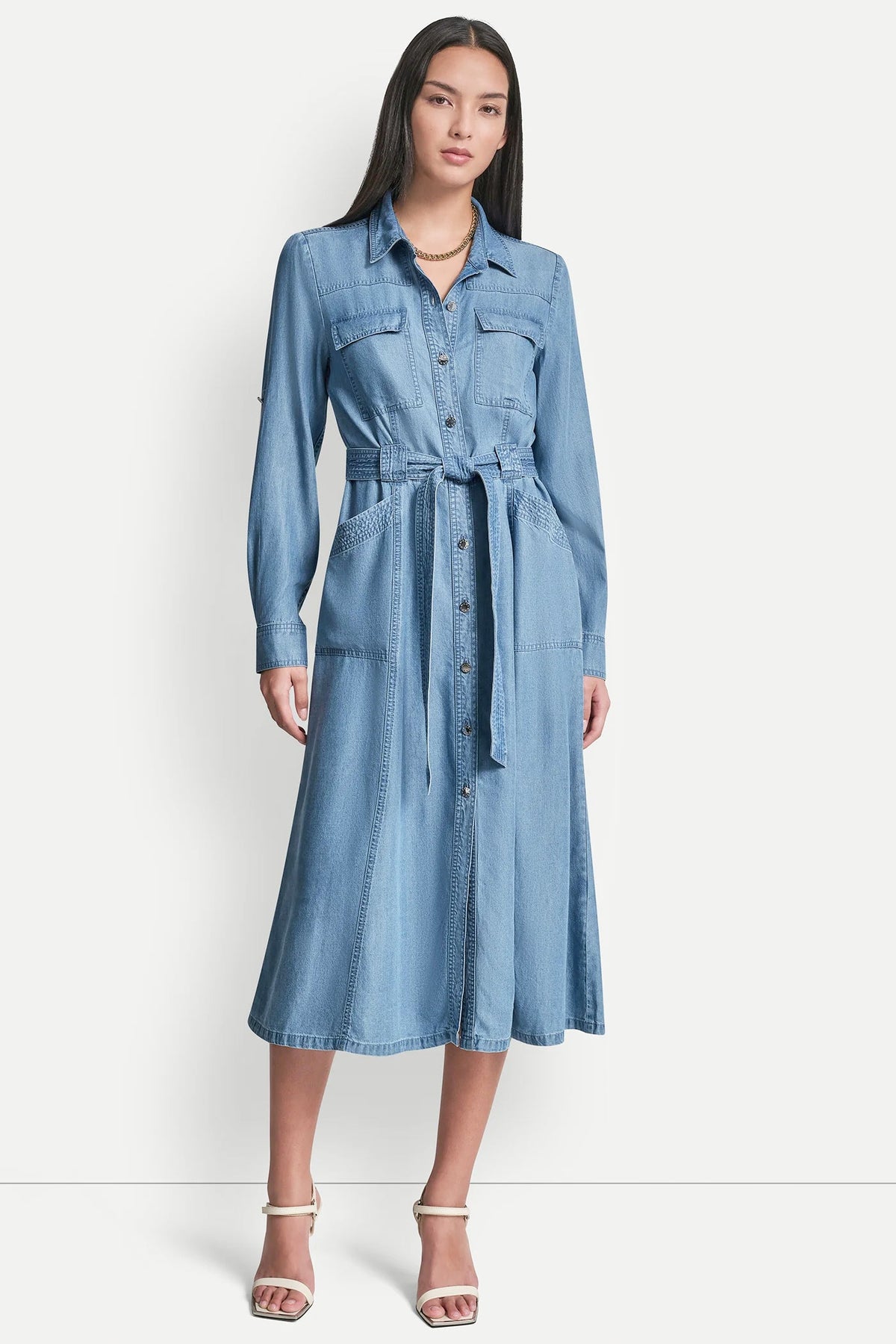 LONG SLEEVE ROLL TAB TENCEL CARGO DRESS Stream | DKNY