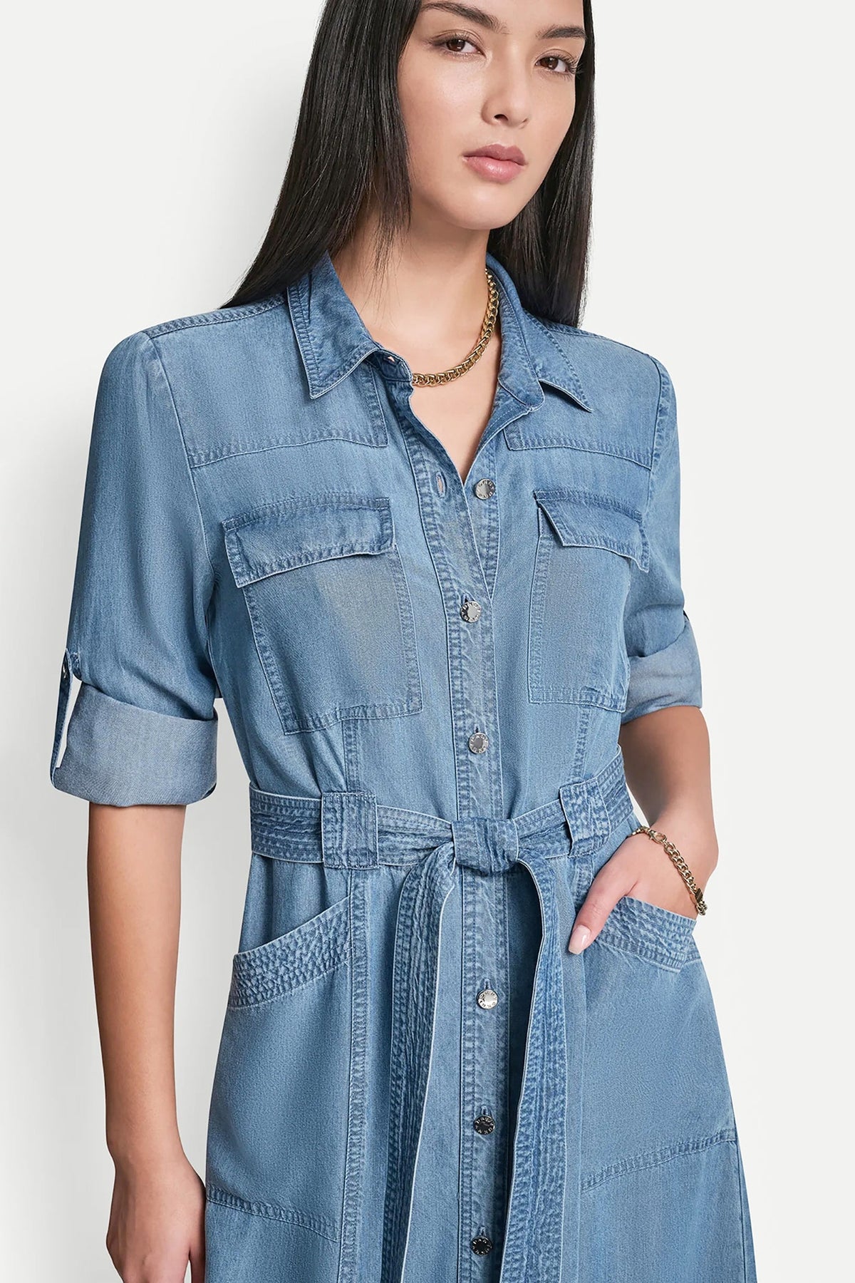 LONG SLEEVE ROLL TAB TENCEL CARGO DRESS Stream | DKNY