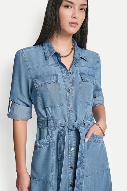 LONG SLEEVE ROLL TAB TENCEL CARGO DRESS Stream | DKNY