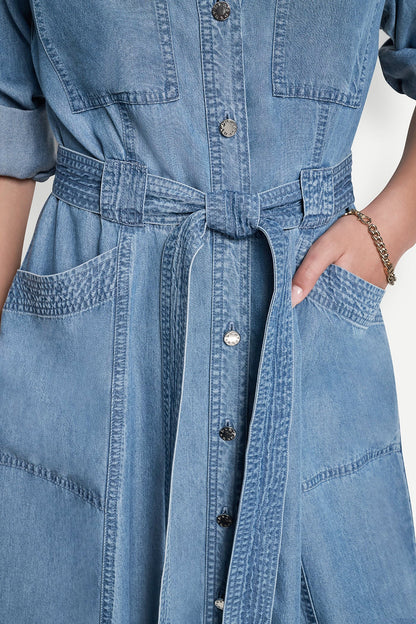 LONG SLEEVE ROLL TAB TENCEL CARGO DRESS Stream | DKNY