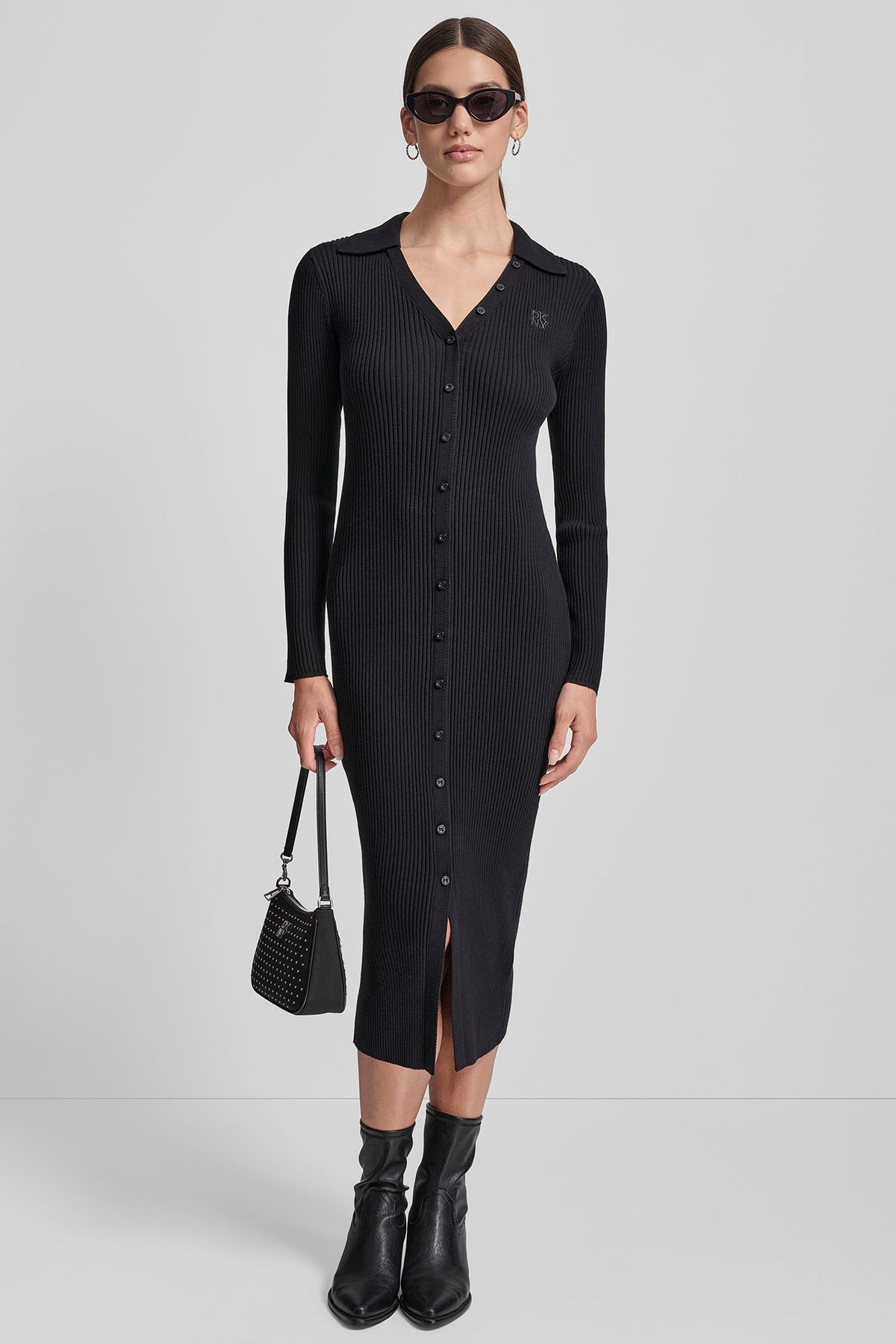 RIB-KNIT MIDI POLO DRESS Black | DKNY
