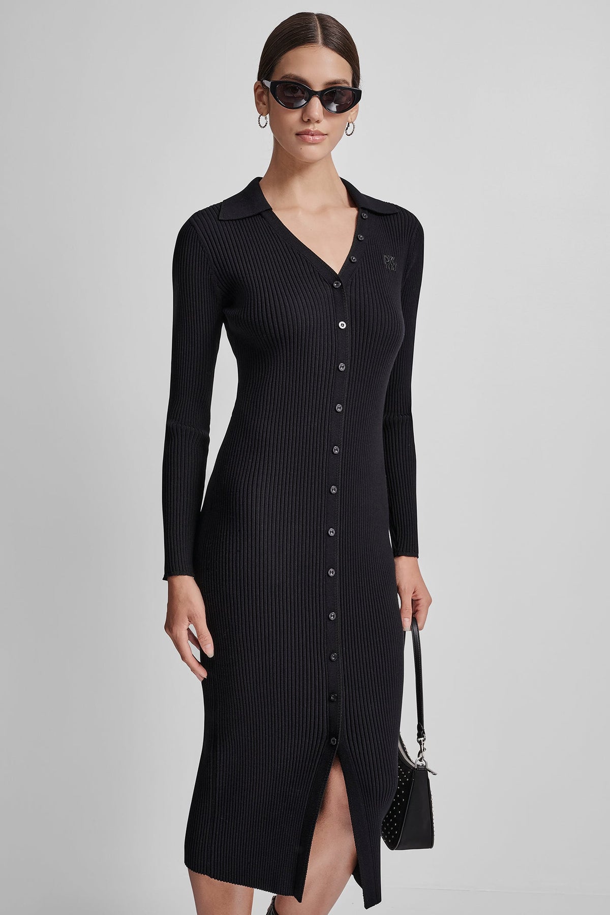 RIB-KNIT MIDI POLO DRESS Black | DKNY