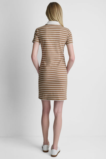 COTTON-BLEND SHORT SLEEVE STRIPE MINI POLO DRESS Truffle/Ivory | DKNY