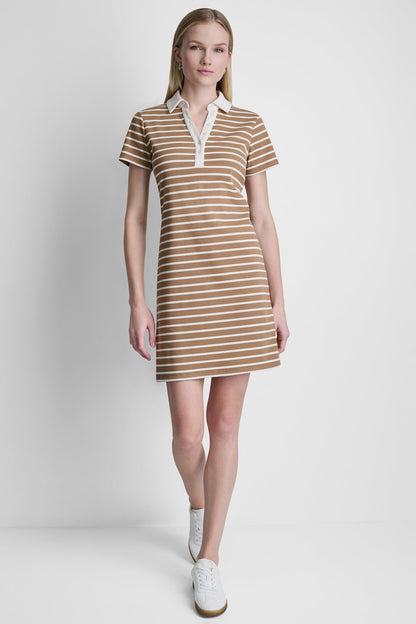 COTTON-BLEND SHORT SLEEVE STRIPE MINI POLO DRESS Truffle/Ivory | DKNY