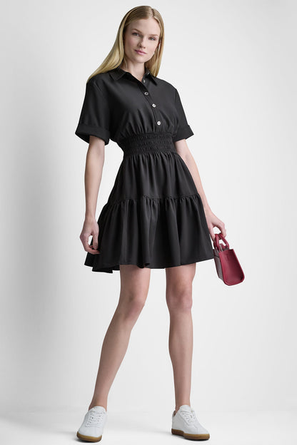 SMOCKED WAIST MINI SHIRT DRESS Black | DKNY