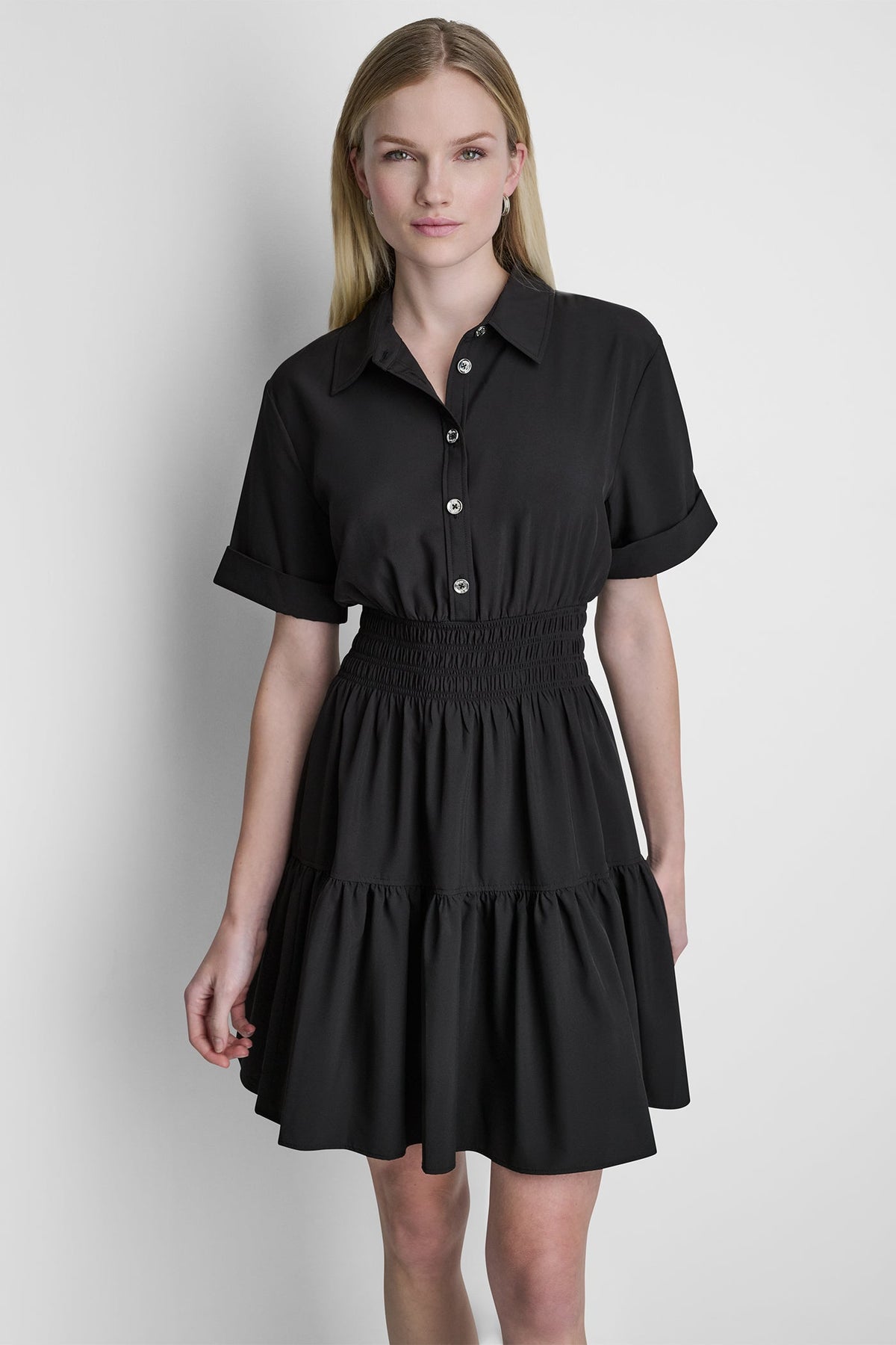 SMOCKED WAIST MINI SHIRT DRESS Black | DKNY