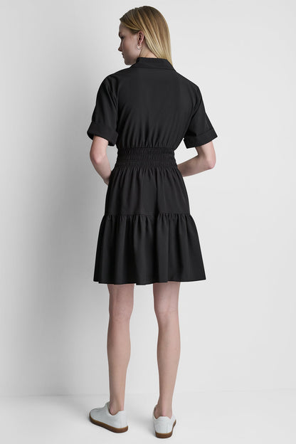 SMOCKED WAIST MINI SHIRT DRESS Black | DKNY