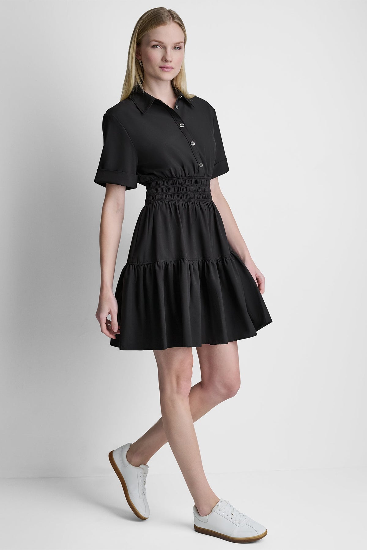 SMOCKED WAIST MINI SHIRT DRESS Black | DKNY