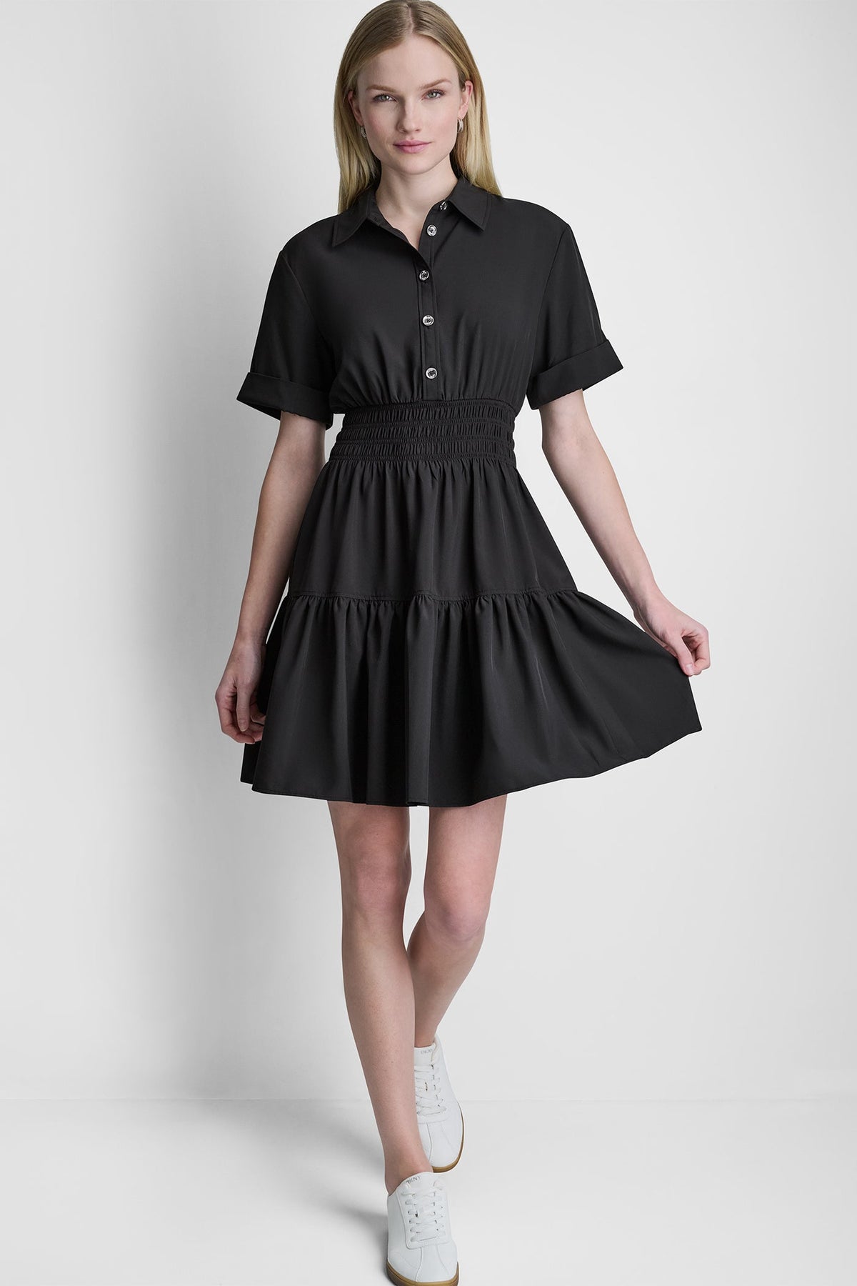 SMOCKED WAIST MINI SHIRT DRESS Black | DKNY