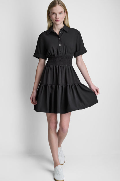 SMOCKED WAIST MINI SHIRT DRESS Black | DKNY