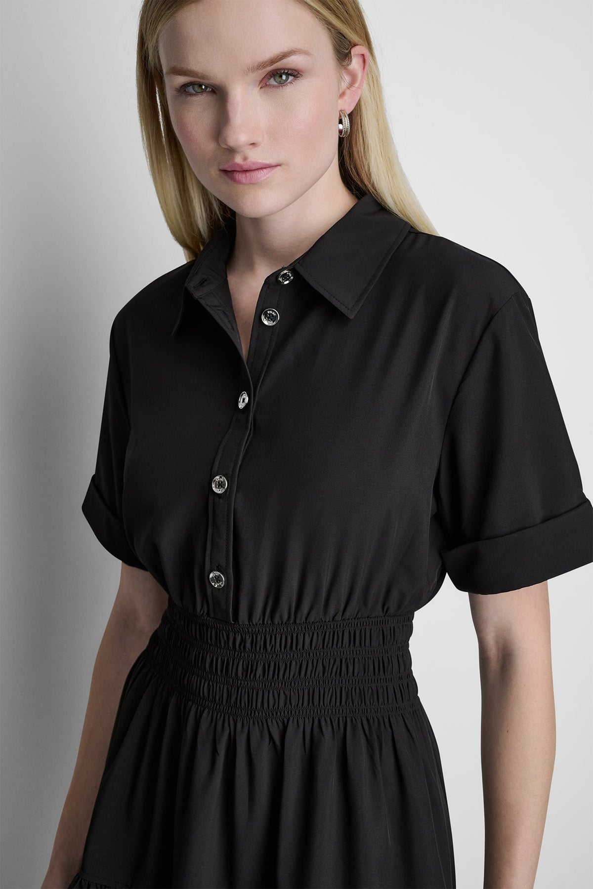 SMOCKED WAIST MINI SHIRT DRESS Black | DKNY