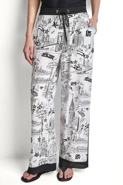 PRINTED DRAWSTRING WIDE LEG PANT Ny Toile White | DKNY