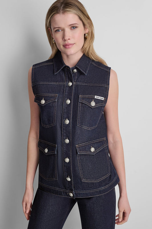 LONGLINE DENIM TRUCKER VEST Fearless | DKNY