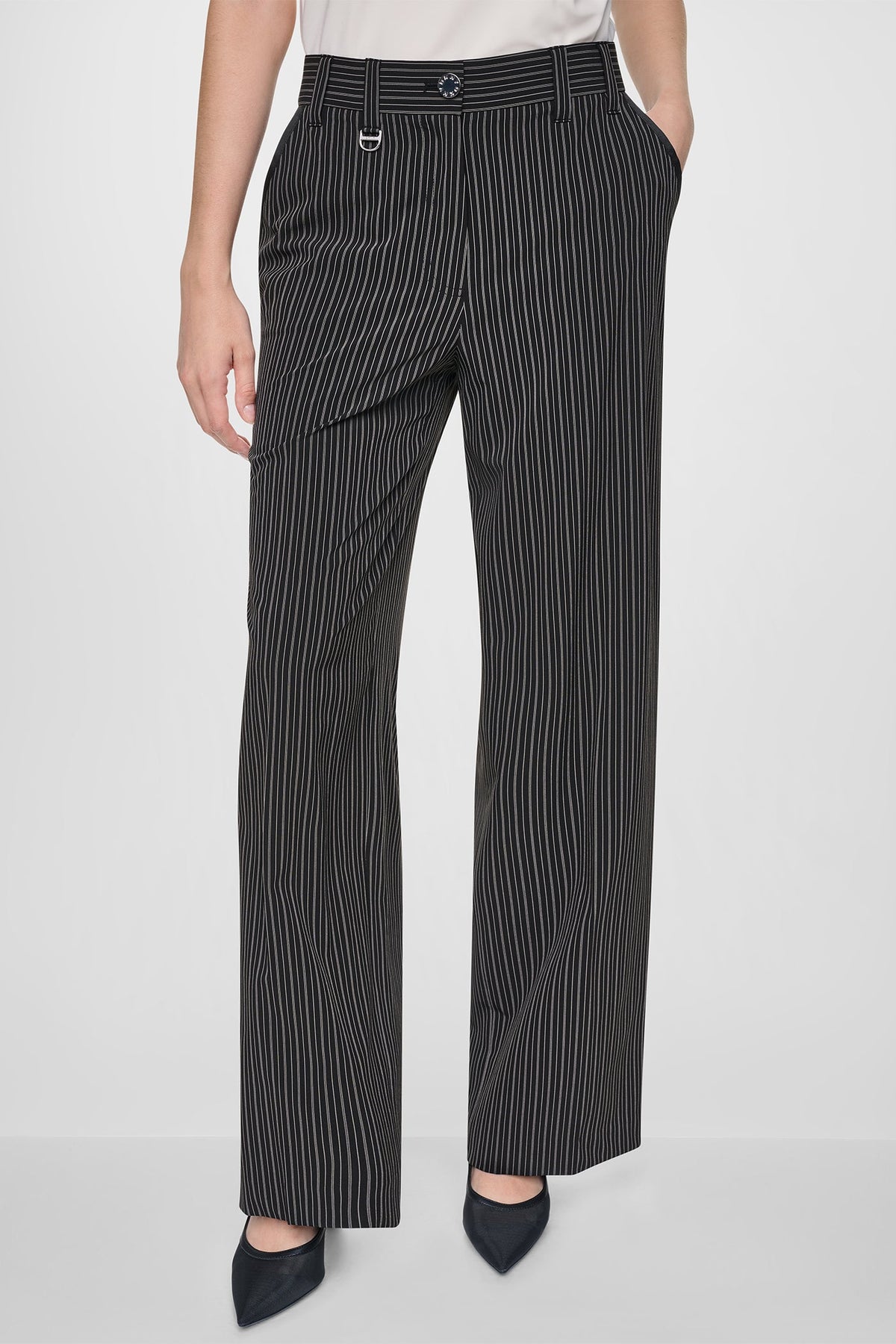 PINSTRIPE WIDE-LEG COMMUTER PANT Black/Ivory | DKNY