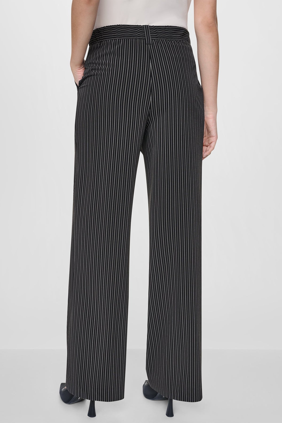 PINSTRIPE WIDE-LEG COMMUTER PANT Black/Ivory | DKNY