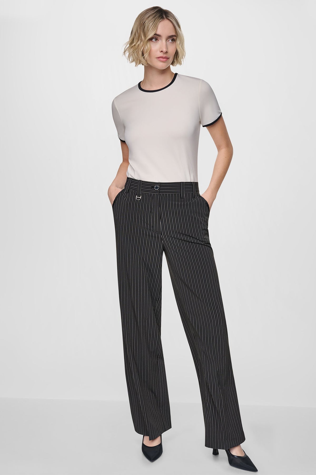 PINSTRIPE WIDE-LEG COMMUTER PANT Black/Ivory | DKNY