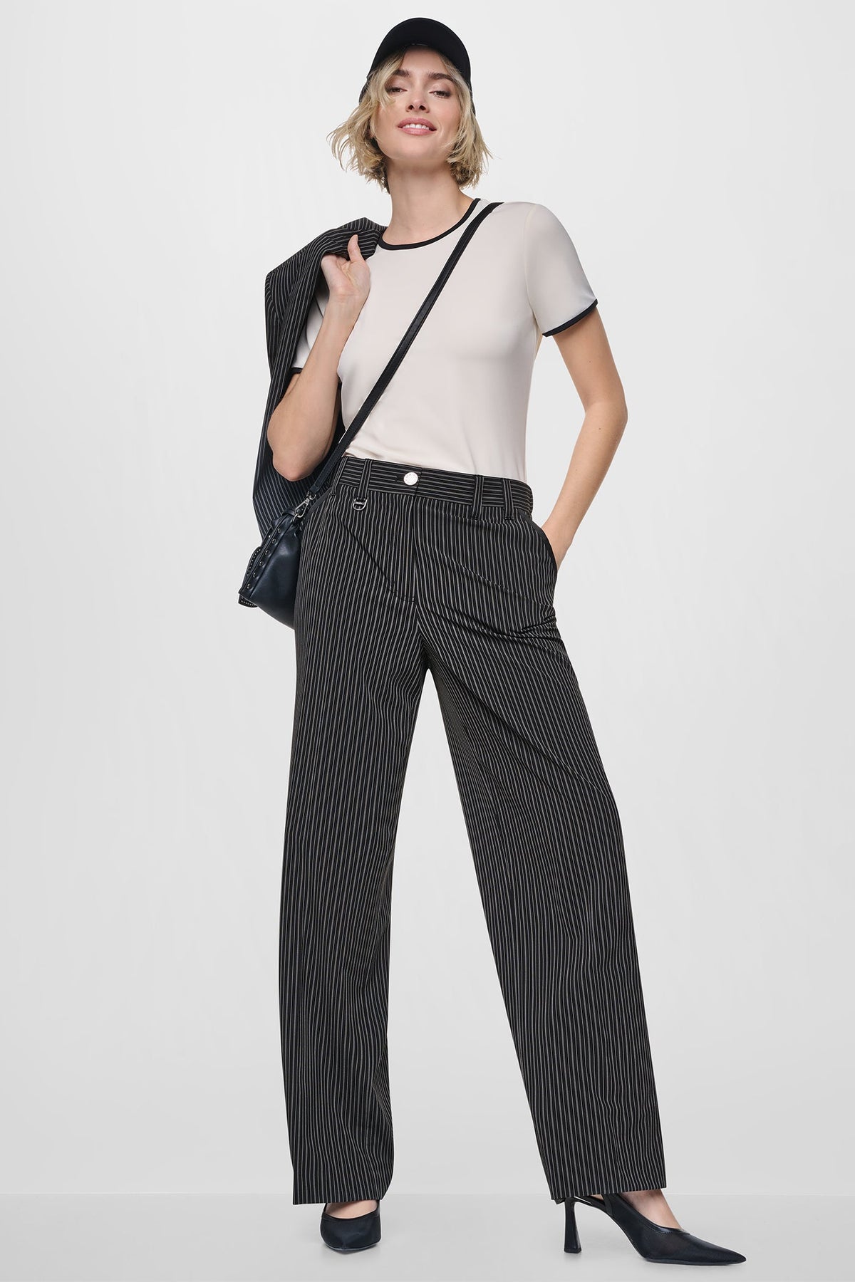 PINSTRIPE WIDE-LEG COMMUTER PANT Black/Ivory | DKNY