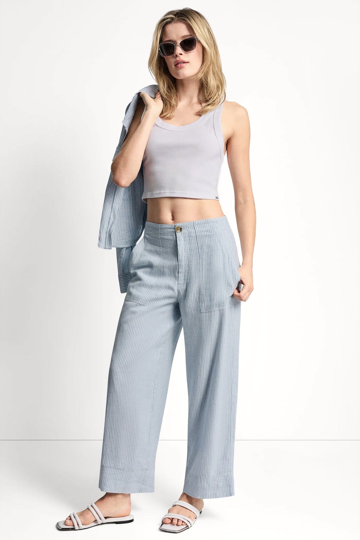 CROPPED WIDE LEG LINEN-BLEND PANTS Lex Pebble | DKNY
