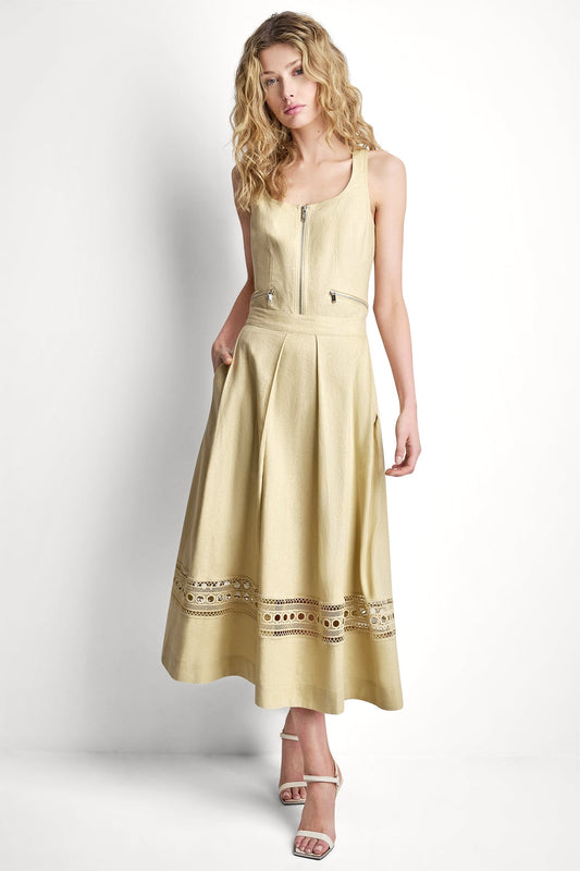 LINEN-BLEND LOOP LACE-TRIMMED PLEATED MIDI SKIRT Mojave Desert | DKNY