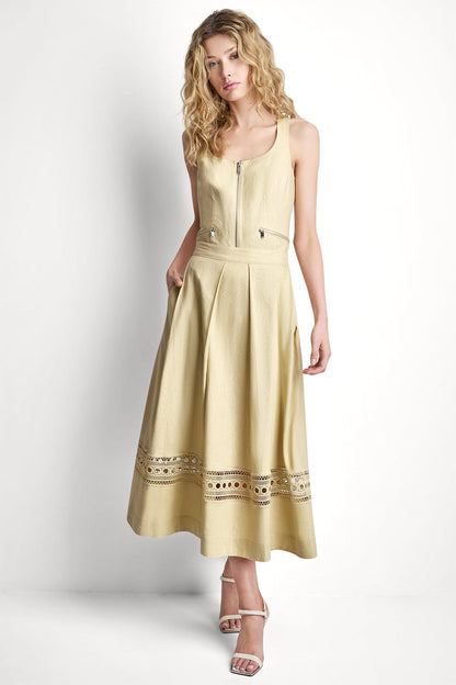 LINEN-BLEND LOOP LACE-TRIMMED PLEATED MIDI SKIRT Mojave Desert | DKNY